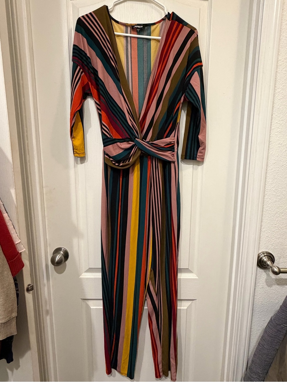 Express Multi-Color Striped Knot-Front Long Sleeve Dress